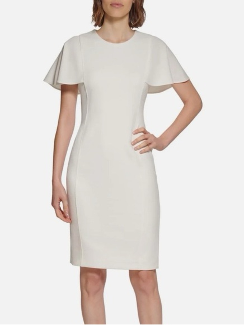 Calvin Klein Ivory Flutter-Sleeve Sheath Midi Dress